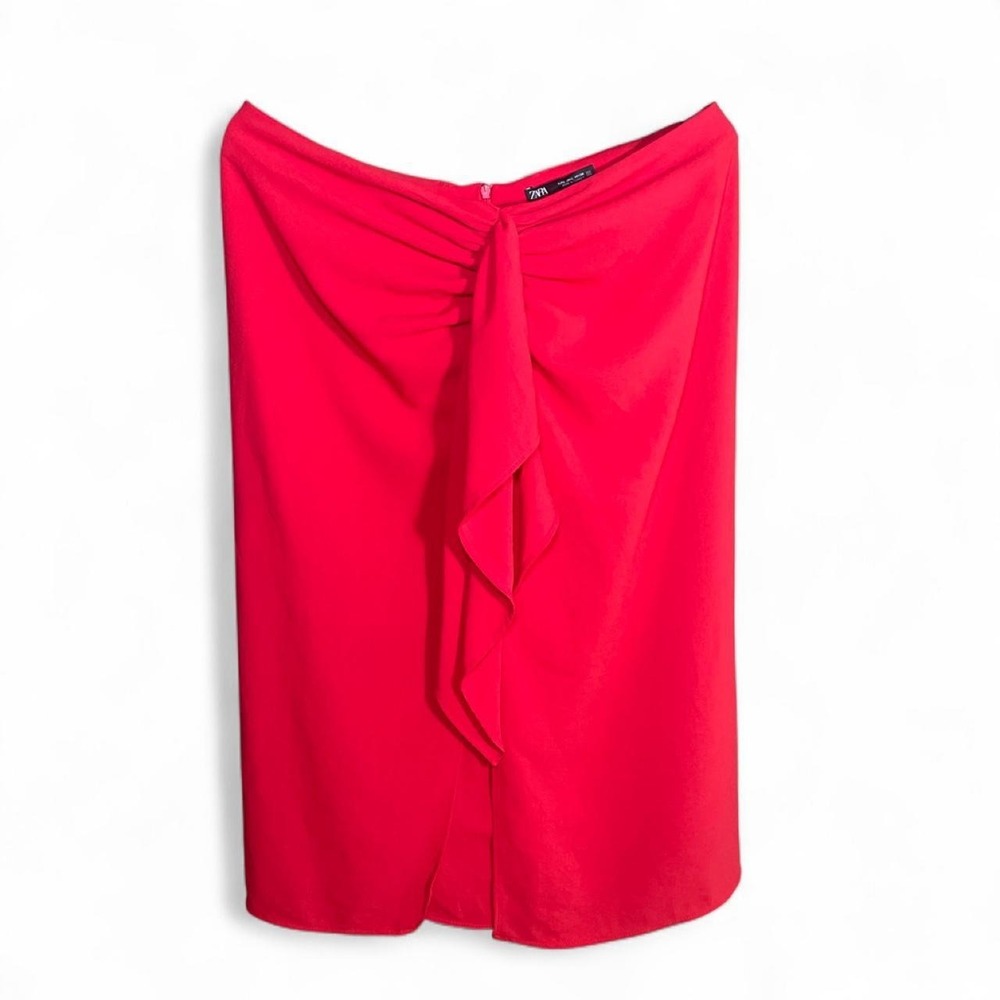 Red Ruffle Skirt with Front Slit Size L Zara Date Night Party Coquette Romantic
